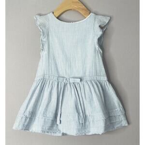 Jacadi 2 Yrs/88 cm Blue and White Stripe Cap Sleeve Dress Silver Thread Accent
